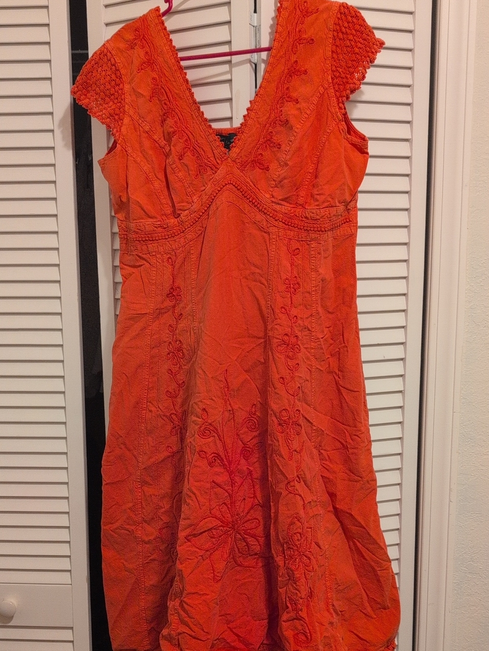 Vibrant Orange Embroidered V-Neck Women's Dress